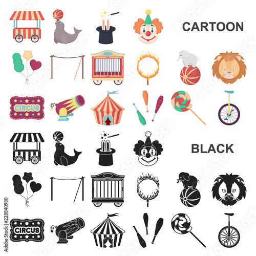 Circus and attributes cartoon icons in set collection for design. Circus Art vector symbol stock web illustration.