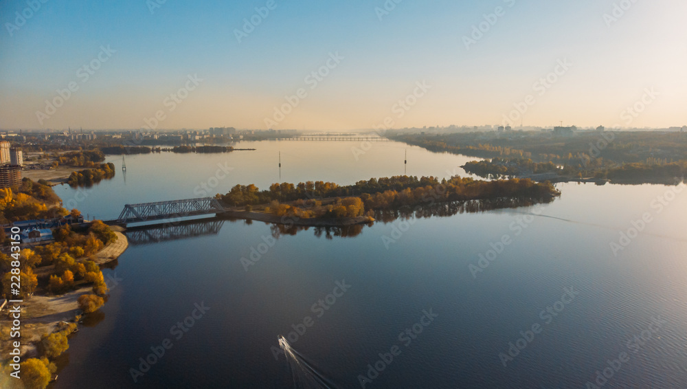 Aerial view panorama of Voronezh river at sunset in warm autumn evening