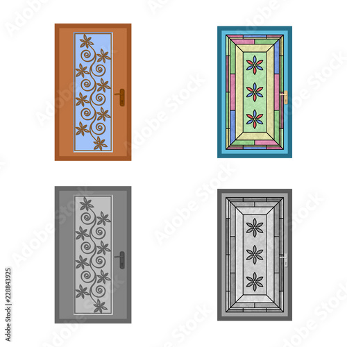 Vector illustration of door and front logo. Set of door and wooden stock symbol for web.