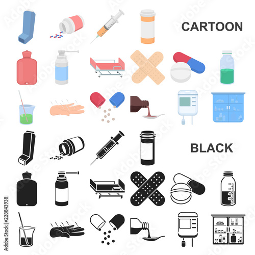 Medicine and treatment cartoon icons in set collection for design. Medicine and equipment vector symbol stock web illustration.