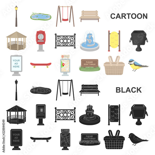 Park, equipment cartoon icons in set collection for design. Walking and rest vector symbol stock web illustration.