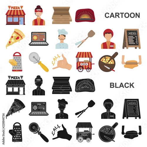 Pizza and pizzeria cartoon icons in set collection for design. Staff and equipment vector symbol stock web illustration.