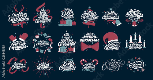 Merry Christmas lettering designs. Christmas tree yellow illustrations. Merry Christmas & Happy New Year typography. Lettering logos for postcard, poster, gift and T-shirt
