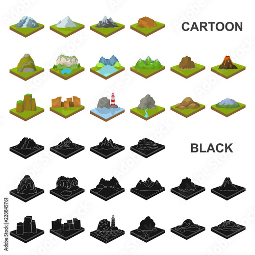 Mountains, massive cartoon icons in set collection for design. The surface of the earth vector isometric symbol stock web illustration.