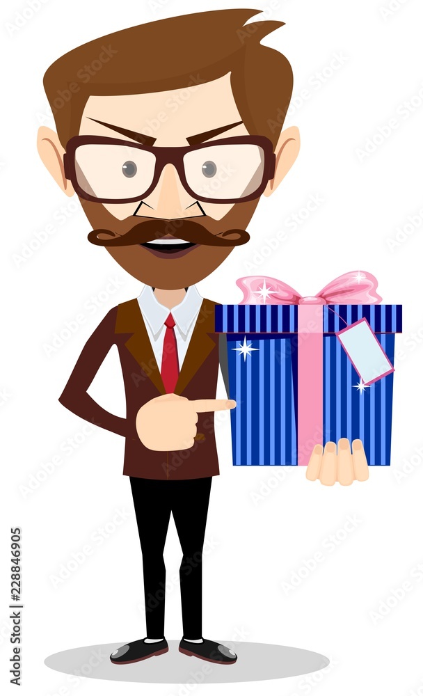 Businessman has an offer, giving a present, parcel. Stock flat vector illustration. Businessman has an offer, giving a present, parcel. Stock flat vector illustration.