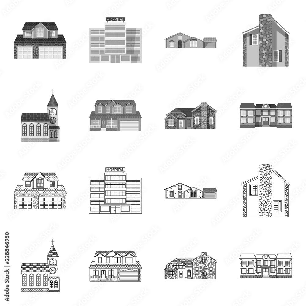 Vector illustration of building and front icon. Set of building and roof stock vector illustration.