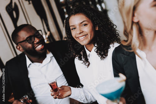 Canvas Print Different Races Communicate. Girls and Guys. Bar.