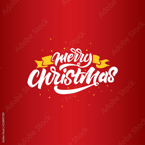 Merry Christmas lettering on red background for postcard  poster  gift and T-shirt. Merry Christmas lettering with yellow illustrations