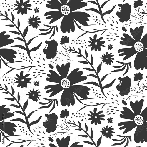 Contrast hand drawn black and white floral seamless pattern. Cute cartoon texture with silhouettes of blossoms, leaves, waterdrops for textile, wrapping paper, print design, surface