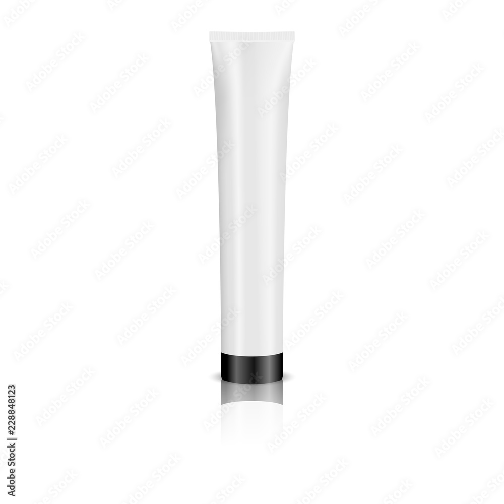 Cosmetic tube with black lid for cream, gel, paste and other products. Realistic vector illustration packaging.