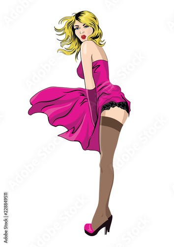 Pin up woman with fluttering pink dress, girl dressed in retro style in stockings. Vector Illustration.