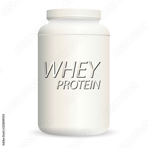 Realistic vector sport nutrition container without label. Whey protein and mass gainer white plastic jar isolated on background.