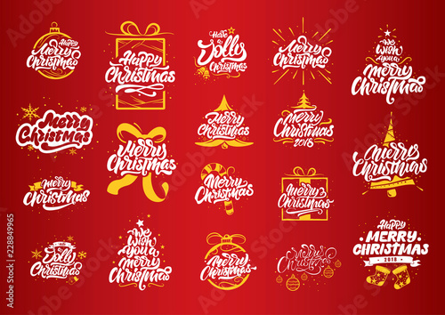 Merry Christmas lettering designs. Christmas tree yellow illustrations. Merry Christmas & Happy New Year typography. Merry Christmas lettering logos for postcard, poster, gift and T-shirt
