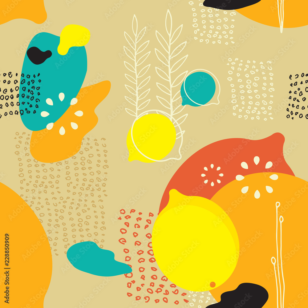 Seamless background pattern with lemons and abstract elements Vector illustration