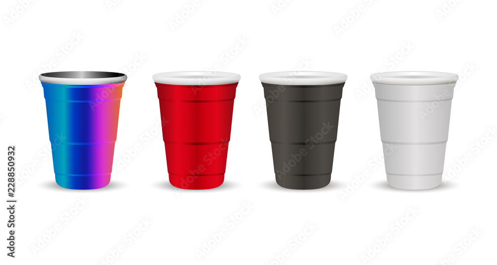Party cups mock up set realistic 3d vector illustration. Disposable paper, plastic and metallic Cups for drinks and games, celebration. Party cups mock up set realistic 3d vector illustration. Disposable paper, plastic and metallic Cups for drinks and games, celebration.