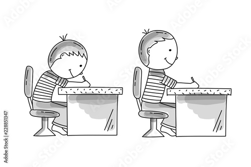 Boy sitting at the desk slouching. Boy sitting at the desk with correct posture. Bad and good kids habits, hand drawn illustration.