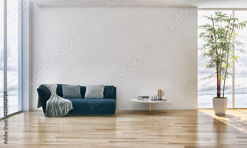 large luxury modern bright interiors Living room with sofa plant and windows 3D rendering illustration computer generated image