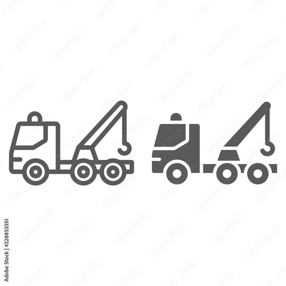 Tow truck line and glyph icon, transport and service, emergency sign, vector graphics, a linear pattern on a white background. Tow truck line and glyph icon, transport and service, emergency sign, vector graphics, a linear pattern on a white background.