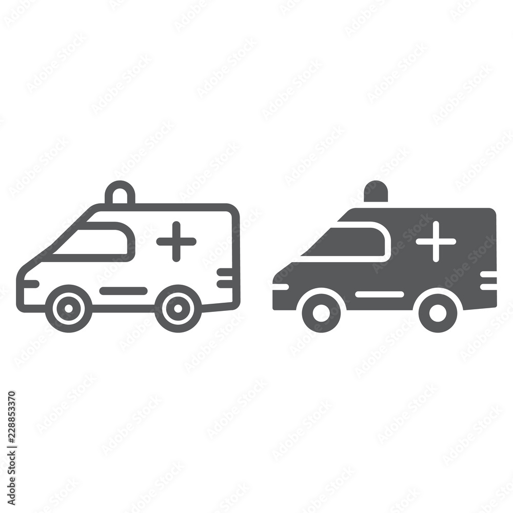 Ambulance line and glyph icon, medical and car, emergency sign, vector graphics, a linear pattern on a white background. Ambulance line and glyph icon, medical and car, emergency sign, vector graphics, a linear pattern on a white background.