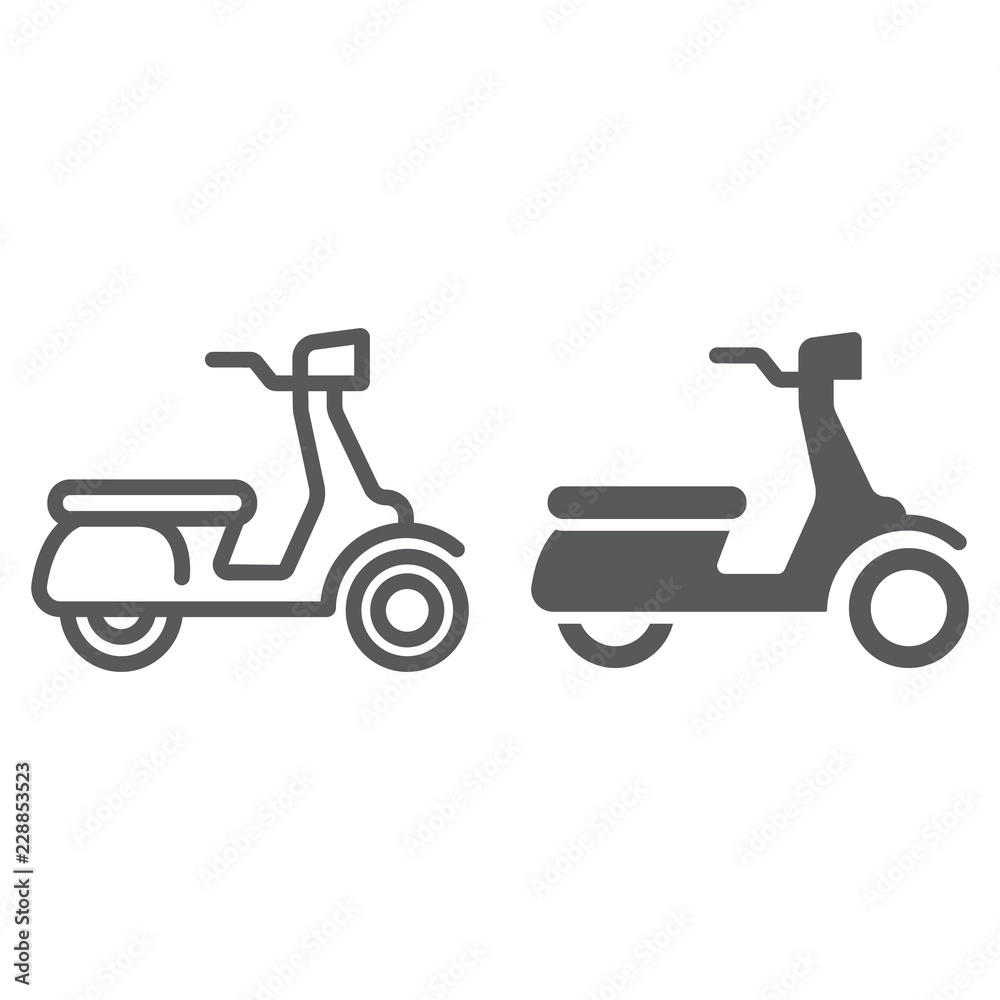 Scooter line and glyph icon, vehicle and transport, motorbike sign, vector graphics, a linear pattern on a white background. Scooter line and glyph icon, vehicle and transport, motorbike sign, vector graphics, a linear pattern on a white background.