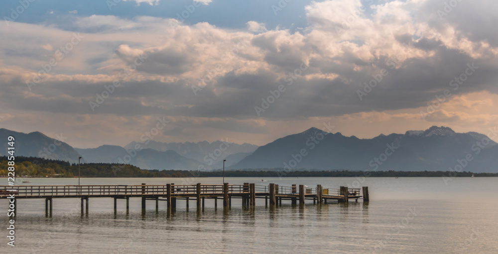 Naklejka premium Beautiful alpine view at the famous Chiemsee - Chieming - Bavaria - Germany