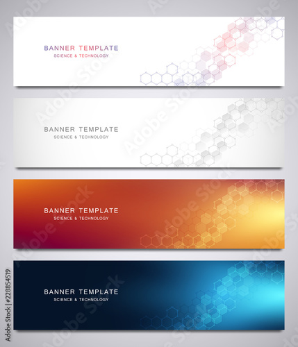 Set of vector banners for science and digital technology. Geometric abstract background with hexagons design. Molecular structure and chemical compounds.