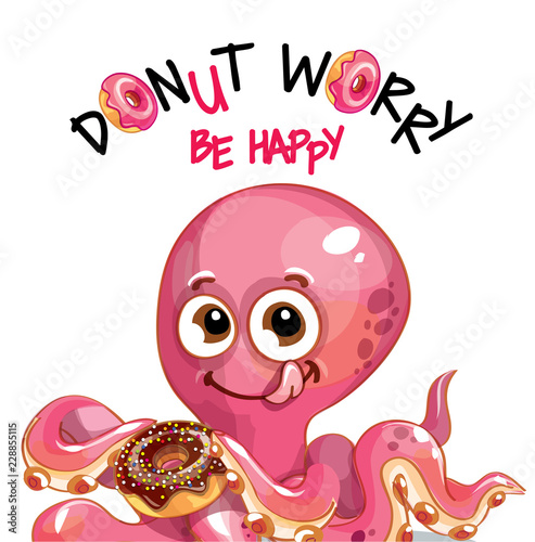 Vector illustration of cartoon octopus with donuts