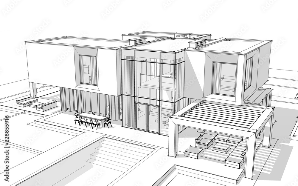 Fototapeta premium 3d rendering sketch of modern cozy house by the river with garage for sale or rent. Black line sketch with soft light shadows on white background