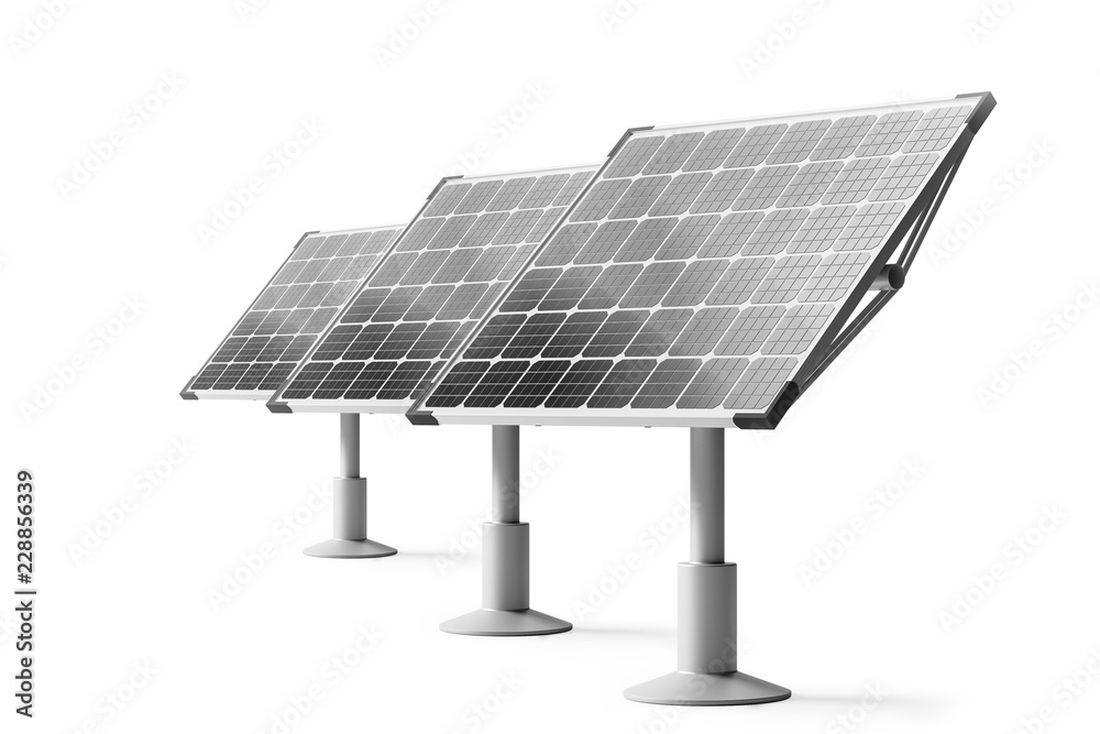 Row of solar panels over white background