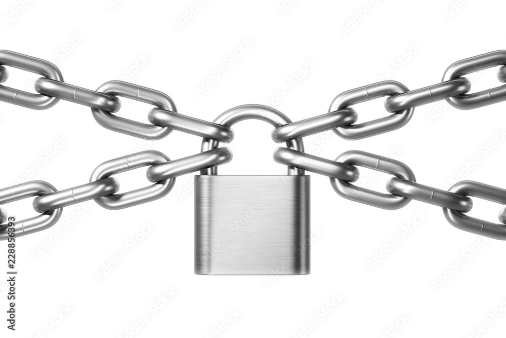 Padlock on steel chains over white background Padlock on steel chains over white background