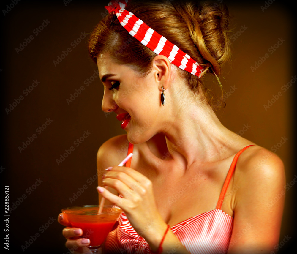 Martini glass flirt. Pin up girl drink bloody Mary cocktail. Pin-up ...