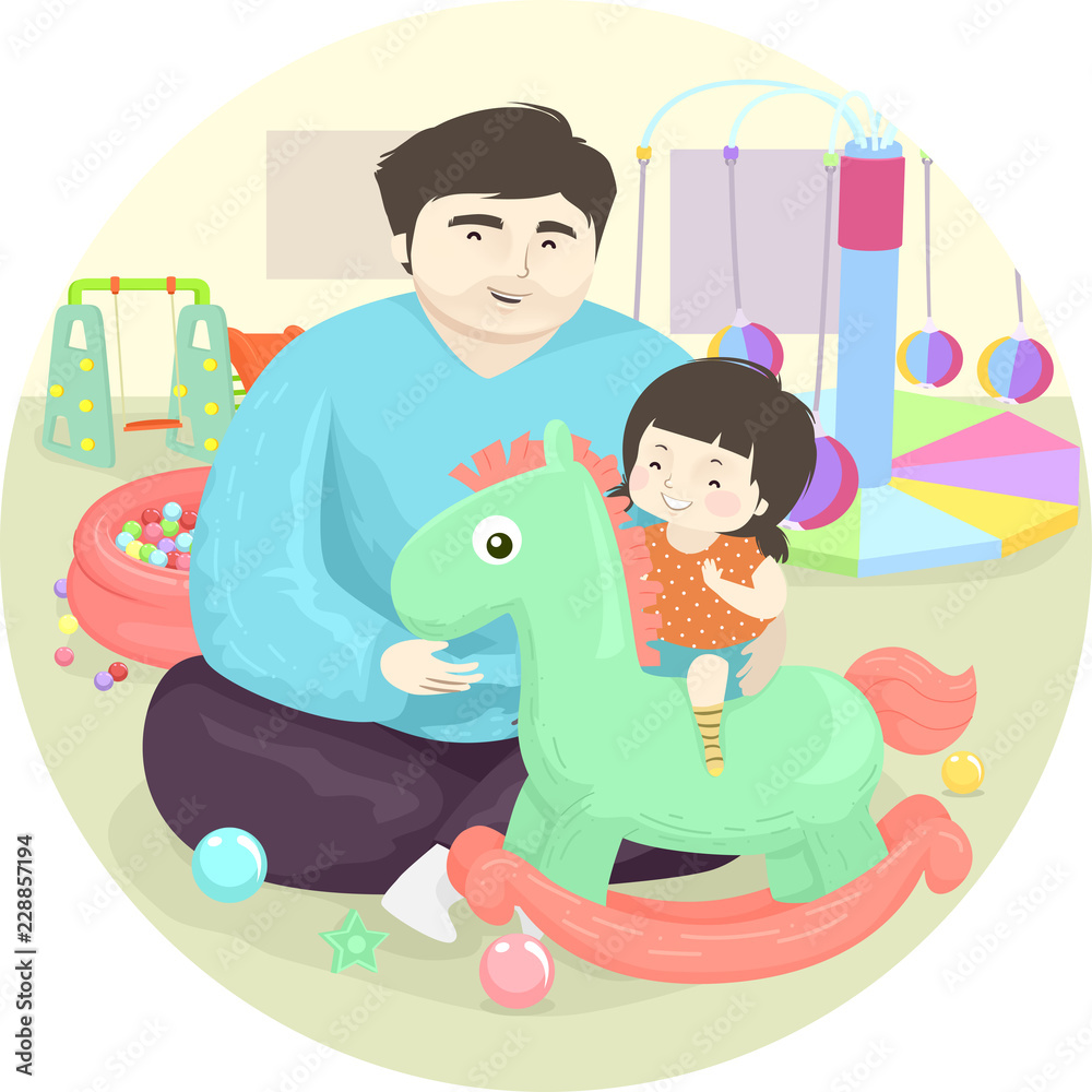 Dad Kid Girl Indoor Horse Rocker Illustration Dad Kid Girl Indoor Horse Rocker Illustration