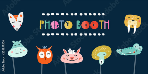 Kids photo booth props set vector illustration. Collection of animals masks
