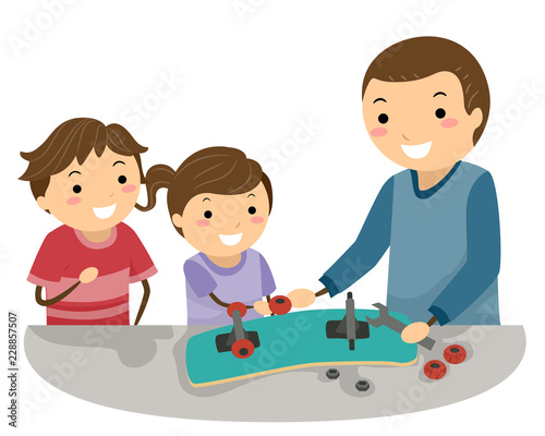 Kids Father Repair Skateboard Illustration