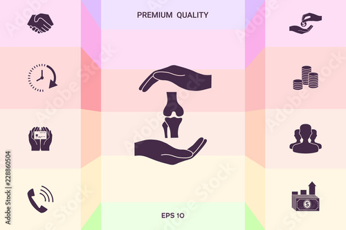 Hands holding knee-joint - protection symbol . Graphic elements for your design