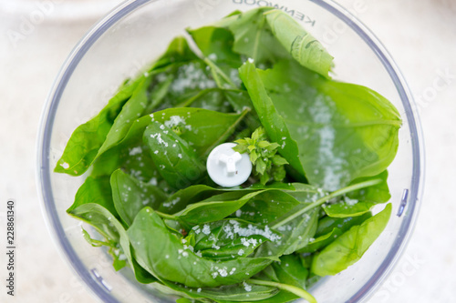 Close-up of basil in food processor