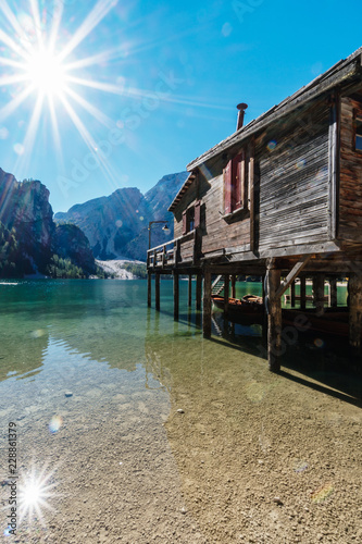 Ausflug zum Pragser Wildsee (Lago di Brais) im Herbst bei blauem Himmel photo