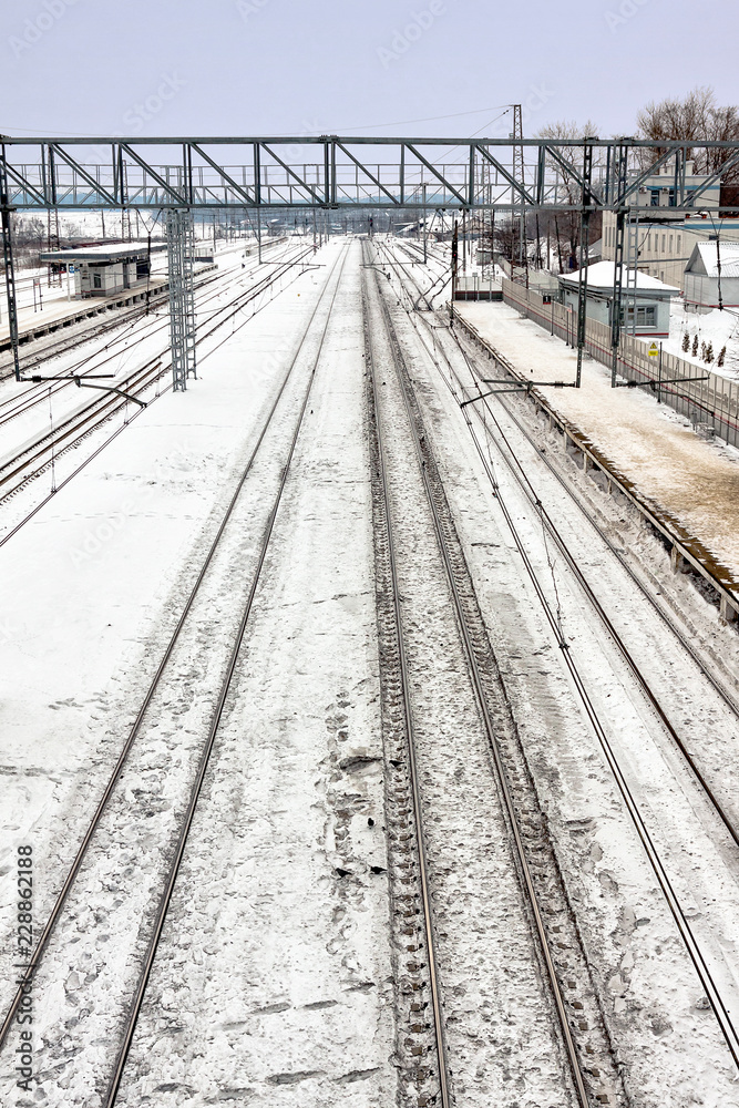 Railway station in winter. A lot of snow.