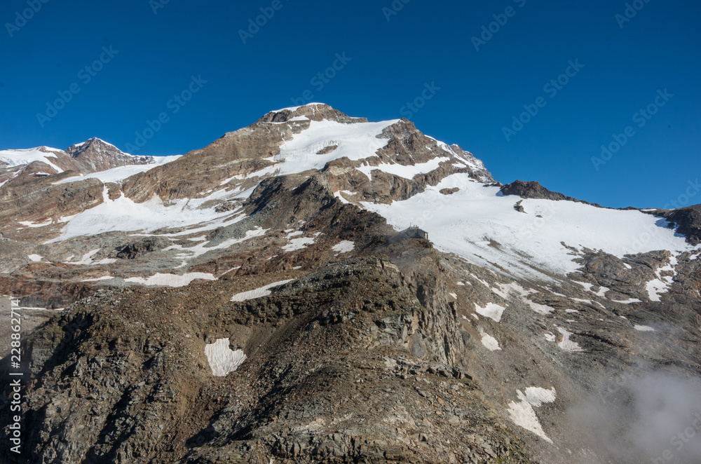 View to Vincent Pyramid mount and Bors glacier in Monte Rosa massif near Punta Indren. Alagna Valsesia area, Italy