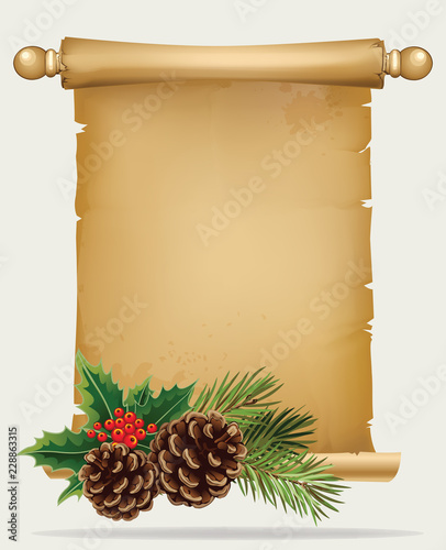 Vector branch of Christmas tree with pine cone and old paper scroll