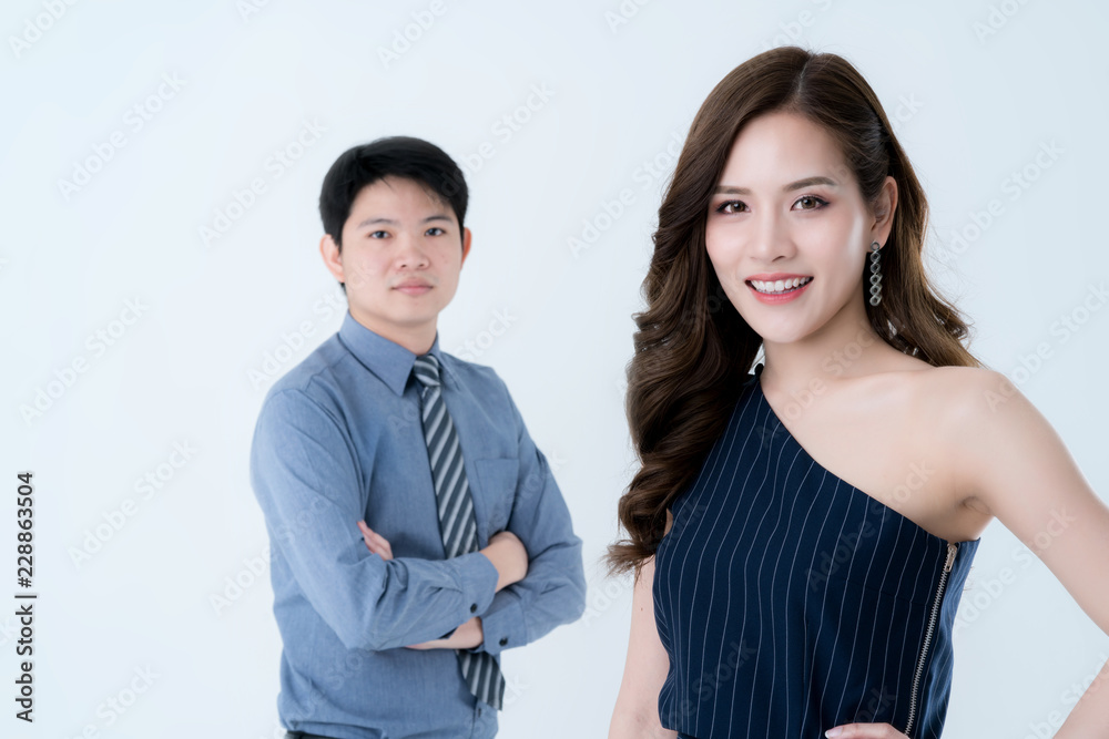 teamwork business ideas concept profil of asian men and female standing with poweful and happiness white background teamwork business ideas concept profil of asian men and female standing with poweful and happiness white background