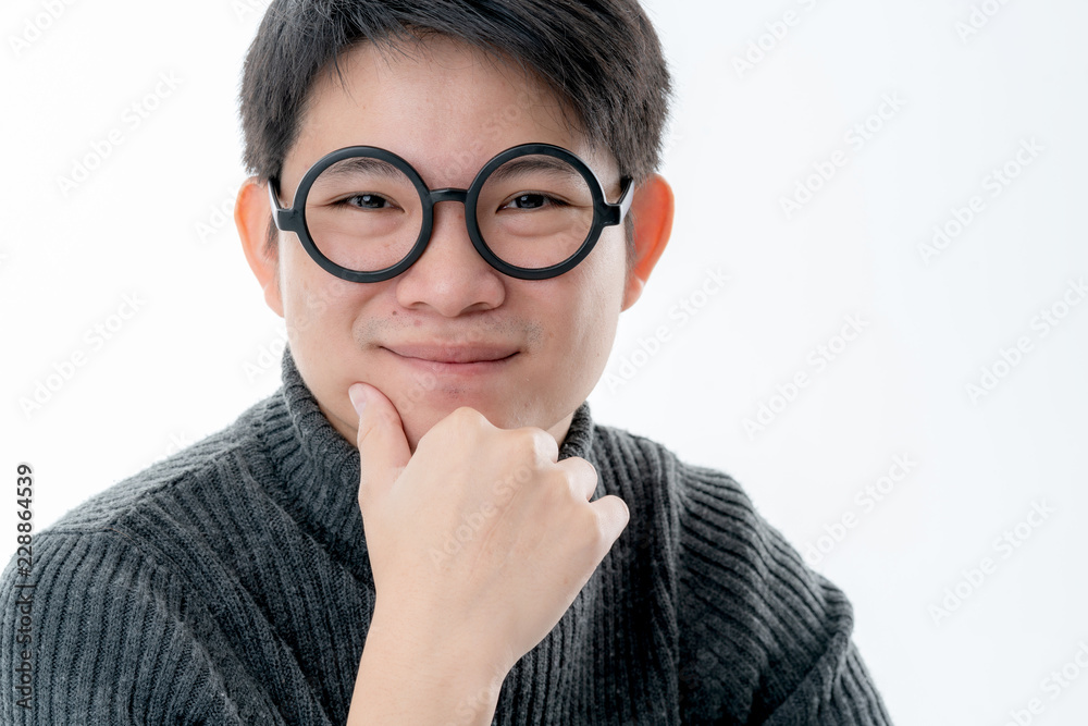 creative smart asian male with glasses facial emotional  portrait with happiness and confident feeling white background