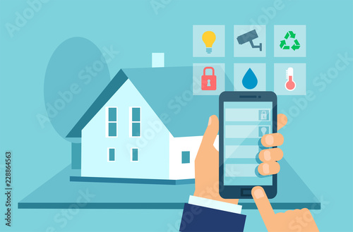 Flat style vector concept of smart house technology system with centralized control on mobile device