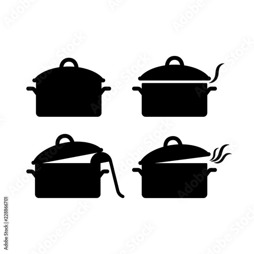 Black isolated pot casserole vector icon set. Saucepan silhouette open and closed with steam and soup ladle.