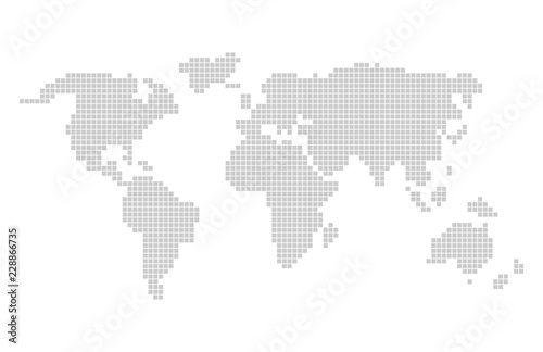 Pixel world map design. Grey pixels vector world map in squares.