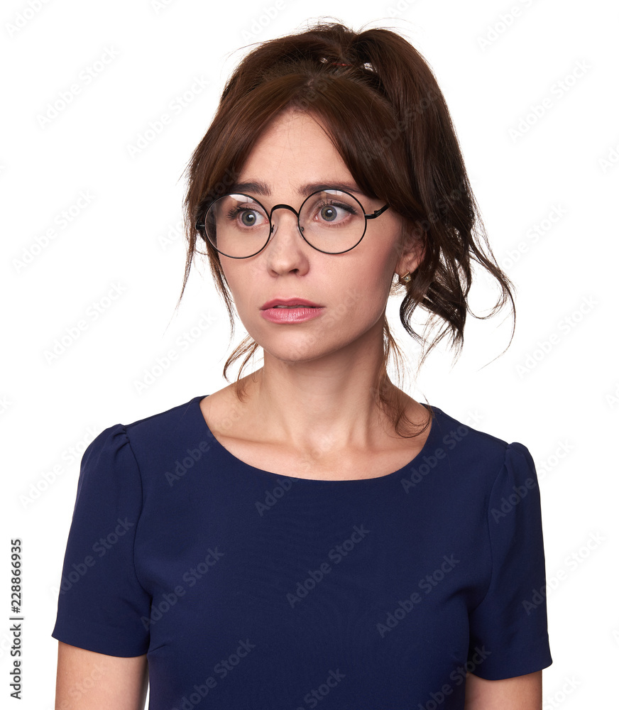 Pretty girl wearing eyeglasses looking away. Isolated Pretty girl wearing eyeglasses looking away. Isolated