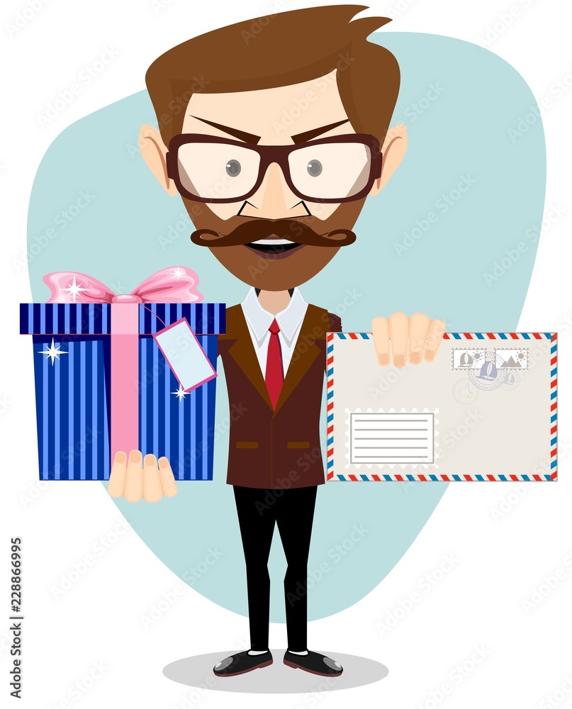 Young man holding Envelope and gift . Stock flat vector illustration. Young man holding Envelope and gift . Stock flat vector illustration.