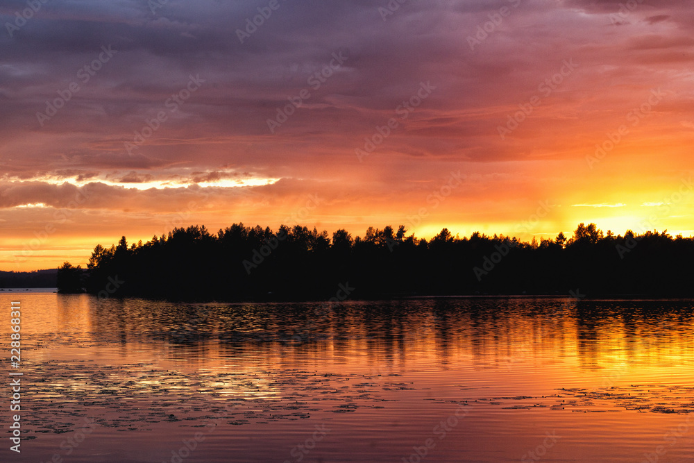 Sunset over a lake in Finland