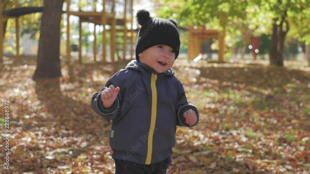 Happy little child, baby boy laughing and playing in the autumn in the park walk outdoors. Happy little child, baby boy laughing and playing in the autumn in the park walk outdoors.