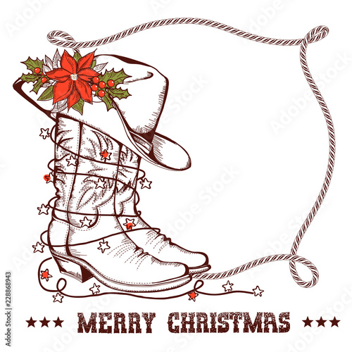 Western Christmas greeting card with cowboy traditional boots and lasso frame isolated on white